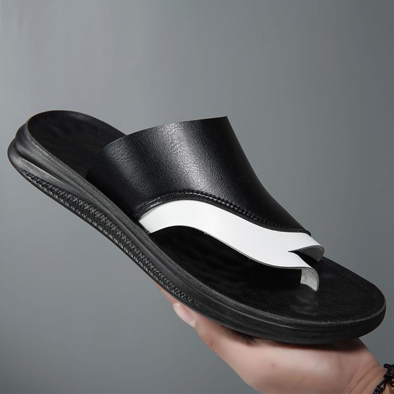 Fashion Men's Genuine Leather Slide Sandals Comfortable Summer Casual Shoes for Men Non-Slip Sole Slippers Lightweight Beach Half Drag