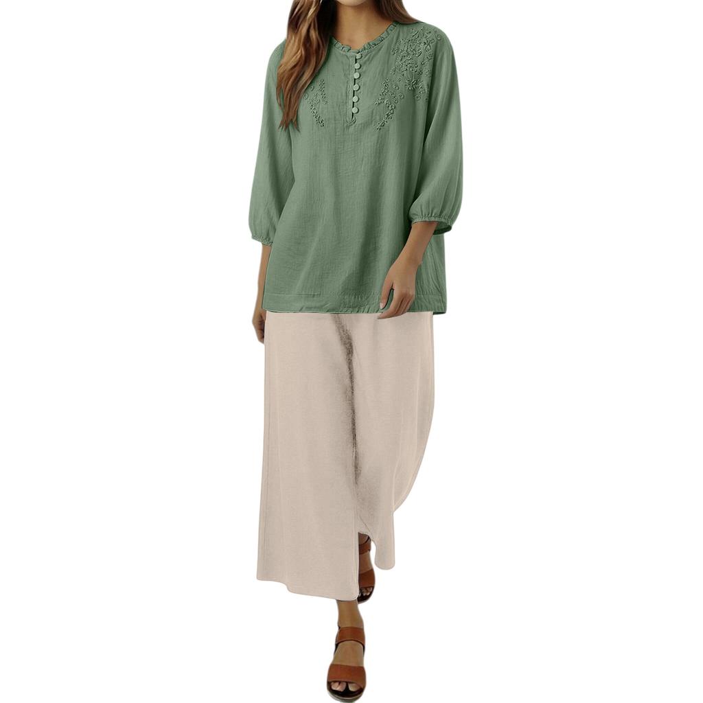 Women Embroidered Lace Loose Fit Three Quarter Sleeve Top and Wide Leg Pants Two Piece Set Casual Outfit Suit