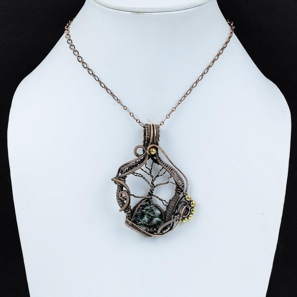 Pandantiv Serafinit Arborele Vieții Pandantiv Înfășurat în Sârmă de Cupru Pandantiv cu Piatră Prețioasă Reală Bijuterii Handmade din Cupru Cadou Pentru El Bijuterii Arborele Vieții