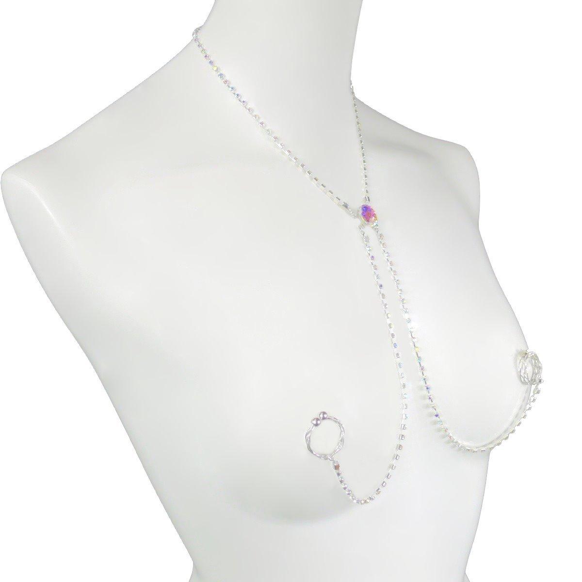 

[Jewelry Hanazono] Oval Nipple Necklace with Diamond Lane and Crystal Aurora Design, Silver, Nipple Accessory, 925 Sterling Silver, Nipple Jewelry,
