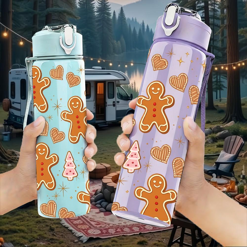 1PC Gingerbread Cookie Xmas Repeat Print 750ml Color Plastic Sports Water Bottle Leakproof Flip Straw Lid Suitable for Sports Office Home Use