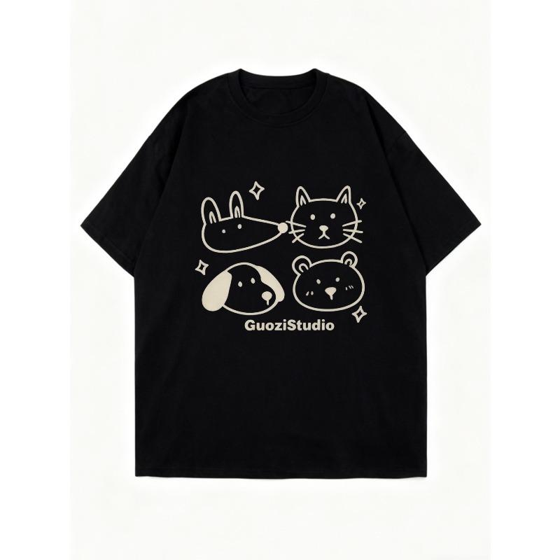 Oversized T Shirt Black Animal Faces And GuoziStudio Text Graphic Print Casual Wear For Women Summer Streetwear Fashion