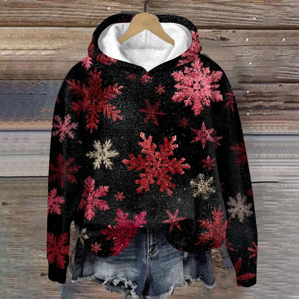 Damenmode Langarm Weihnachtsprint Lockerer Kapuzenpullover Top