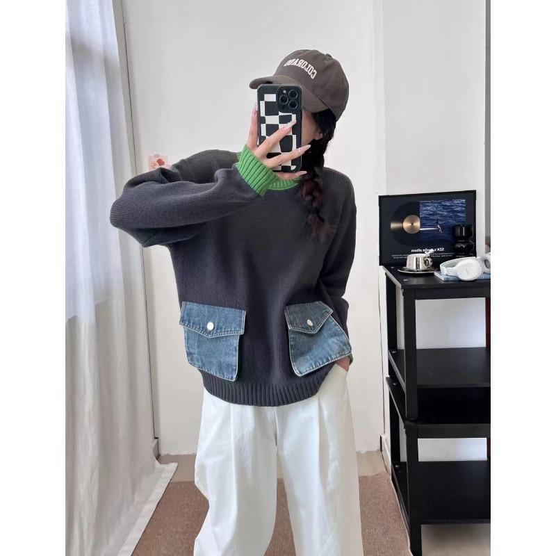 Autumn new contrasting color design sense splicing denim pocket knitted sweater top loose versatile sweater pullover women