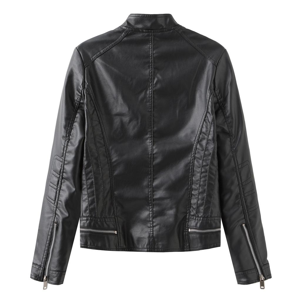 Casual Leather Jacket Spring and Autumn Women's Leather Jacket Long Sleeve Zipper Stand Collar Jacket