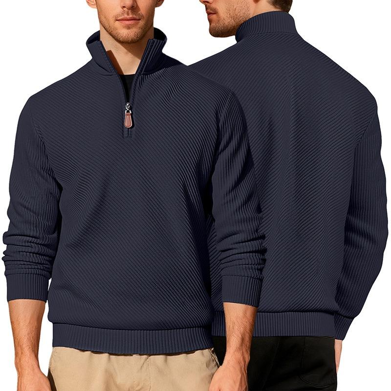 Men's Twill Jacquard Ribbed Half Zip Sweatshirt, Long Sleeve Stand Collar Sport Casual Trendy Pullover Hoodie for Autumn Winter