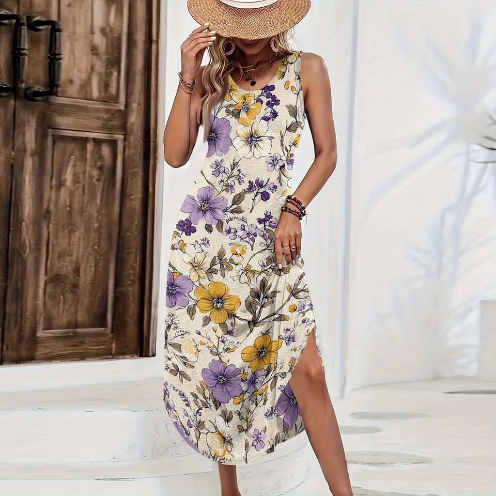 Women Sleeveless Floral Print Casual Loose Fit Long Dress Round Neck Side Slit Summer Maxi Dress for Daily Wear