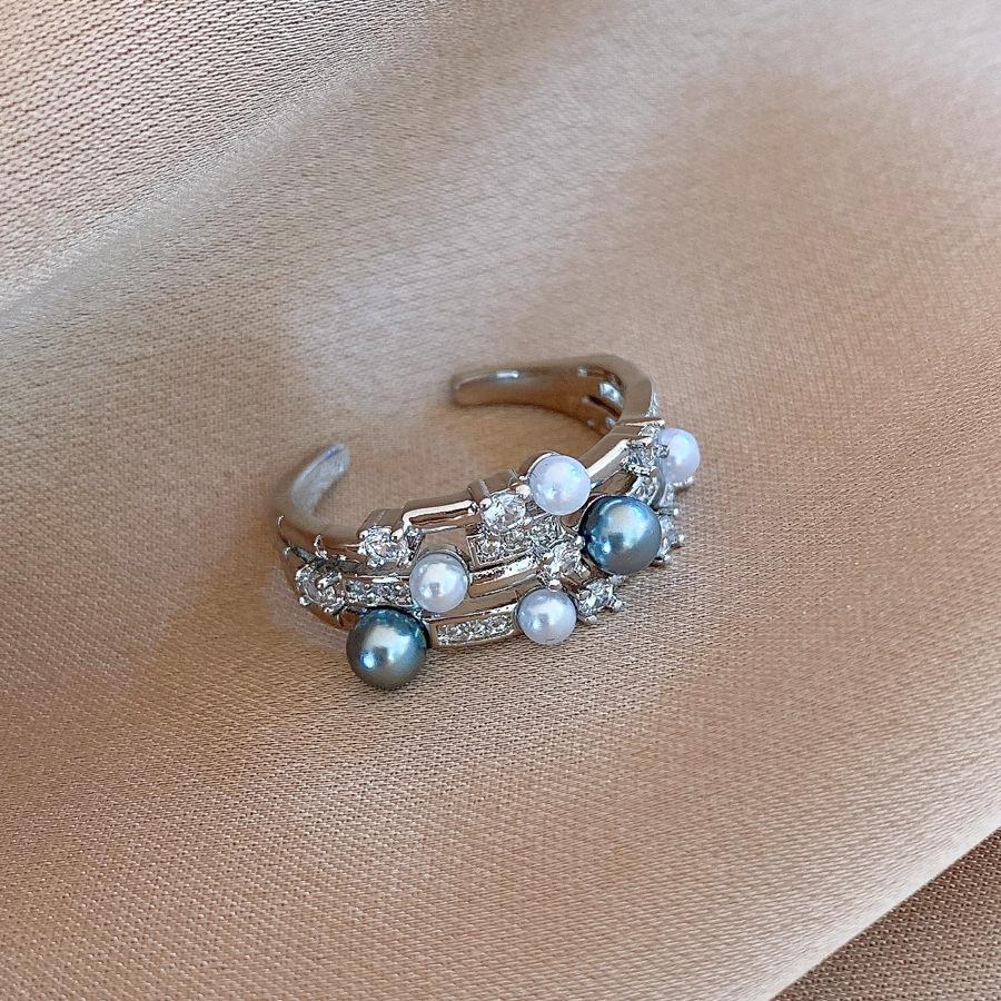French retro three-layer geometric zircon pearl open ring ring ring exquisite jewelry women