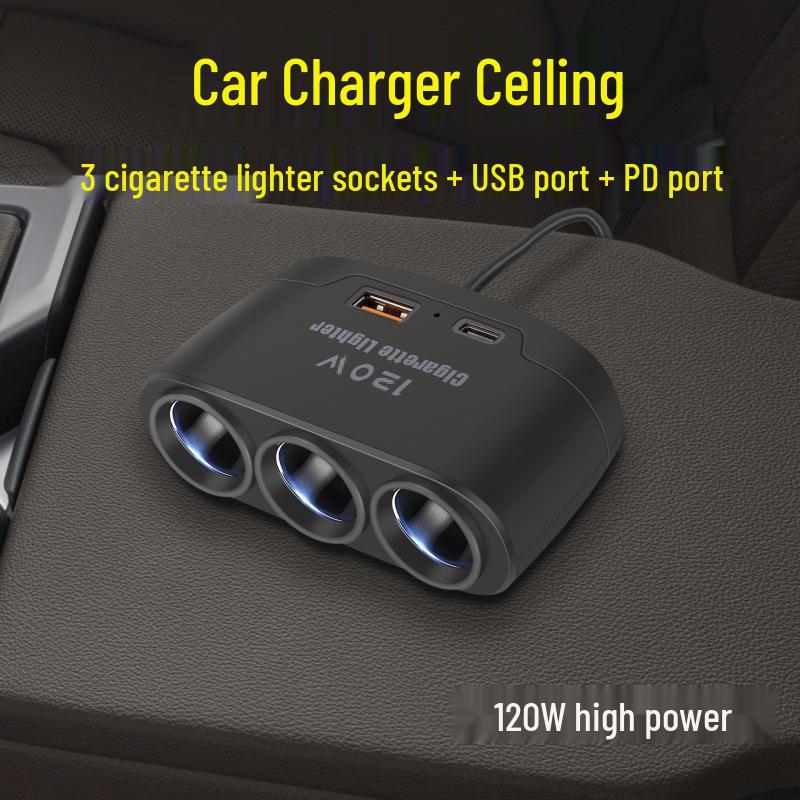 1-to-3 Multifunction Car Charger with USB & PD Fast Charging Ports (12V/24V)