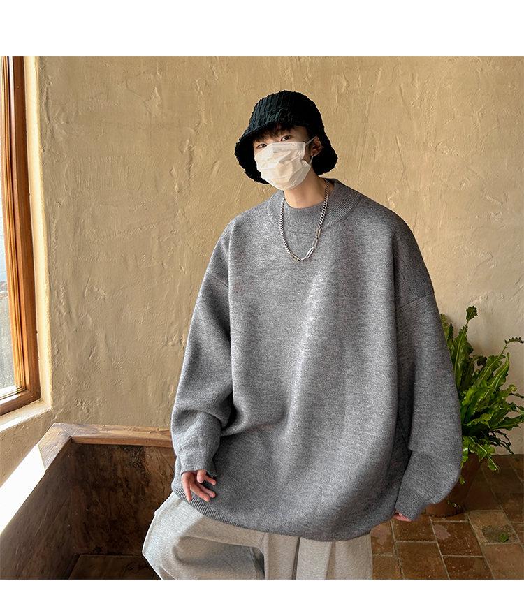 Men's Trendy Loose Round Neck Sweater - Spring/Autumn Solid Color Knitwear, Hong Kong Style Casual Outerwear
