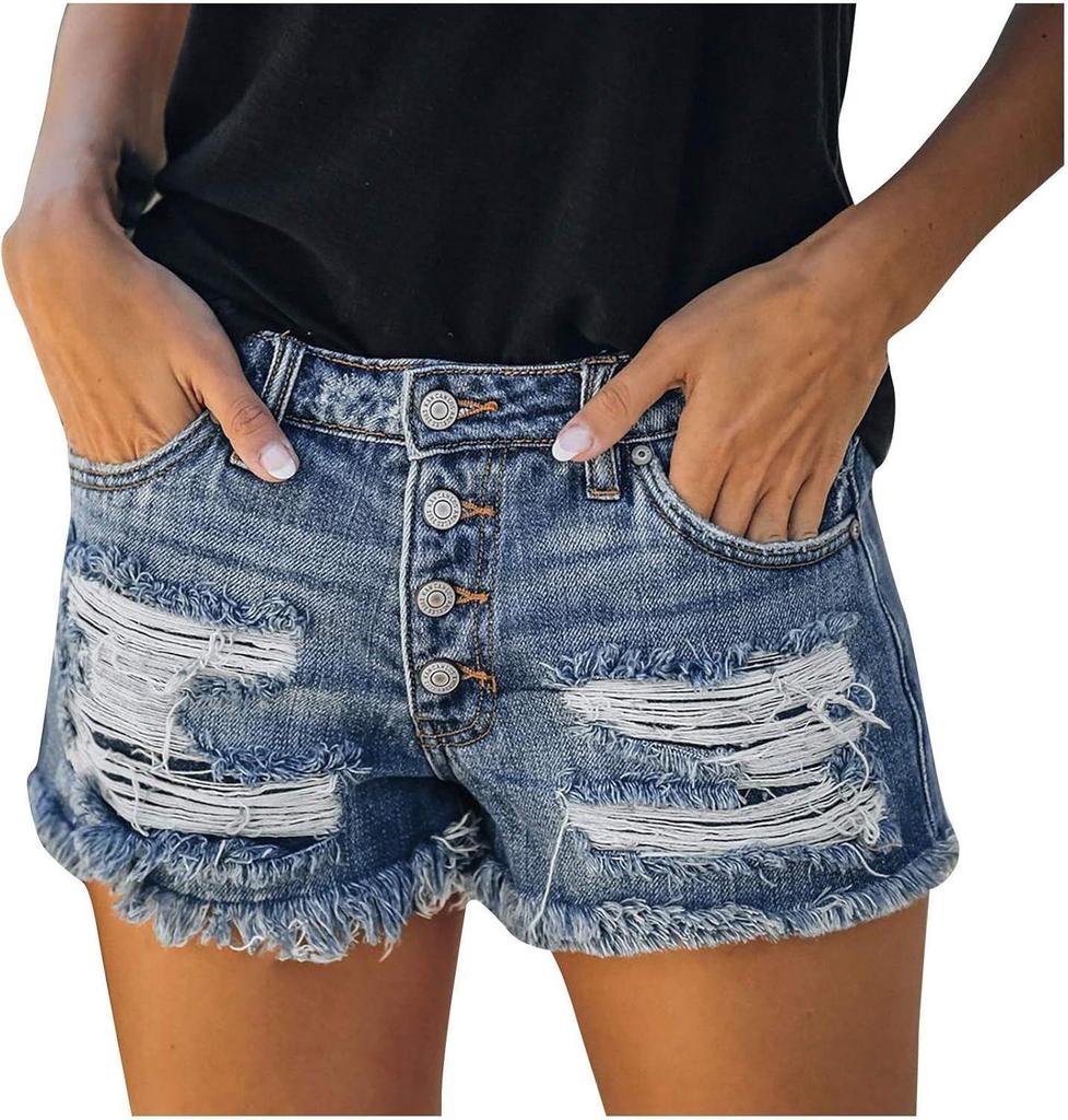 2026 Women's High-Waisted Fringed Ripped Denim Shorts - Versatile American Trend Fashion.
