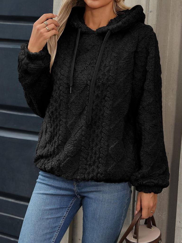 Fluffy Fleece Ribbed Knit Long Sleeve Loose Hooded Sweatshirt