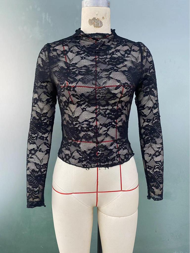 Elegant Long Sleeve Rose Lace Hollow Top - Women's French Design 2025
