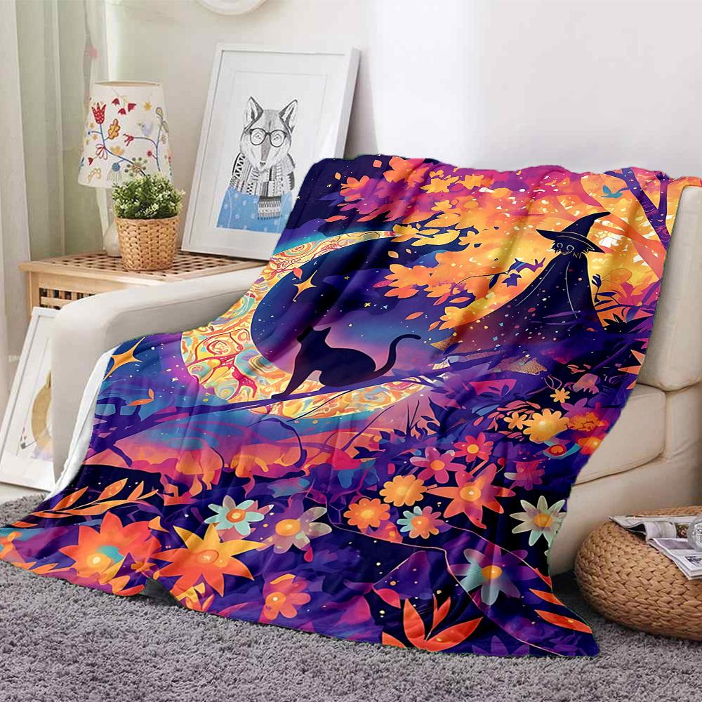 1pc Moon Witch Cat Blanket, Lightweight Flannel Throw Blanket for Sofa, Bed, Travel, Camping, Living Room, Office, Couch, Chair, and Bed