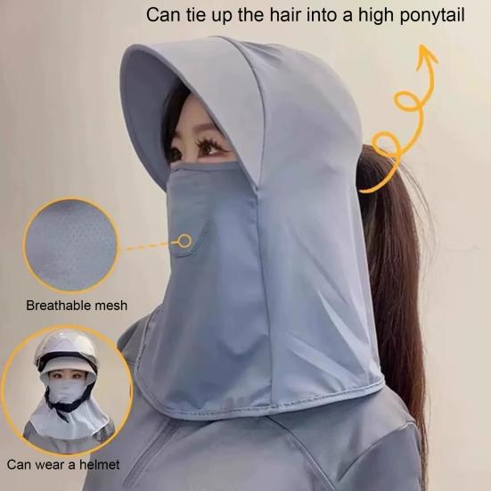 Sun Hat Ice Silk Cooling Fabric UPF50+ Full Face Neck Gaiter Sun Protection Hat Breathable Holes Thin Cycling Headgear