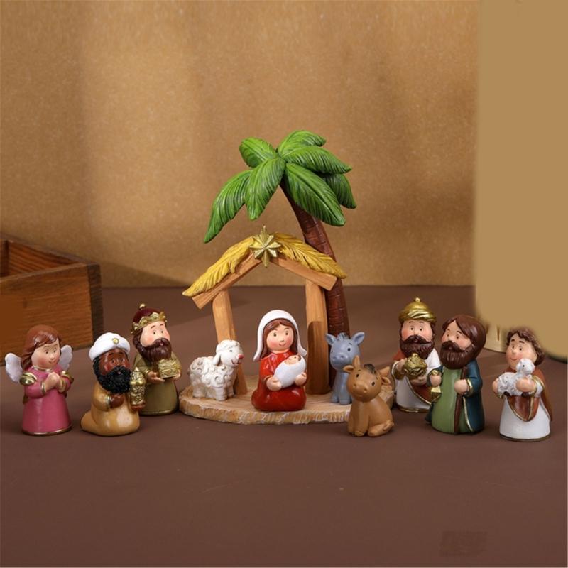 Christmas Cartoon Nativity Scene Miniature Figurines Set Resin Manger Scene Statues Ornaments for Home Decoration Collectible Gift