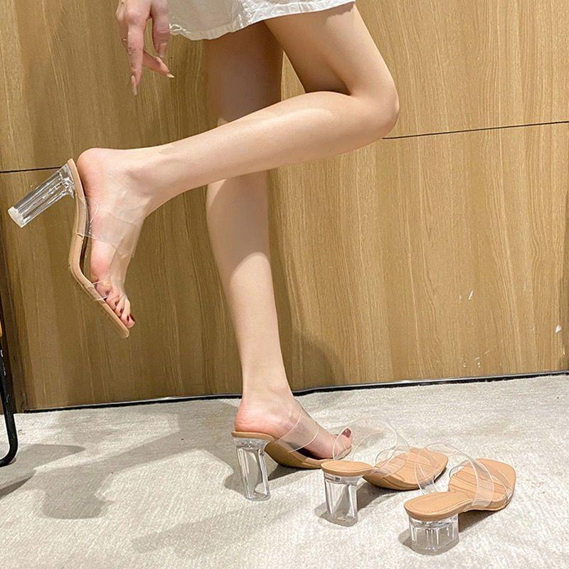 High heels sandals women's summer 2025 new fashion transparent middle heel crystal shoes fashion thick heel outer slippers