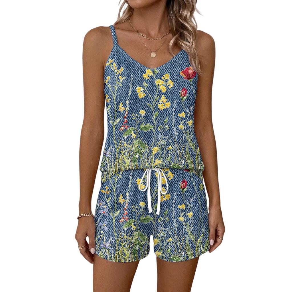 Women Summer Casual Two Piece Set Floral Print Tank Top Square Neck Sleeveless Sportswear with Pockets Shorts Lounge Wear
