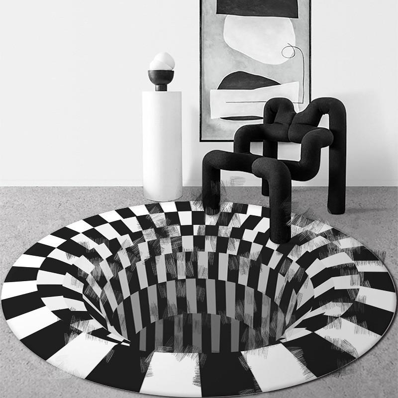 

Круглый визуальный вихревой ковер Современный диван для гостиной Черно-белый клетчатый стереоскопический визуальный ковер 60cm * 60cm