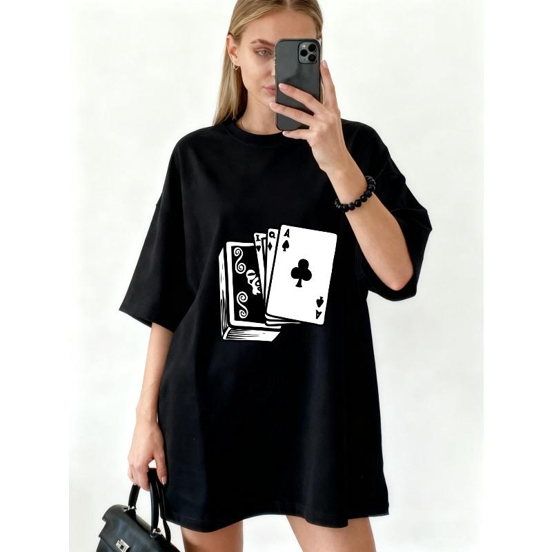 Oversized T Shirt Dress Black Playing Cards Print Casual Streetwear Outfit