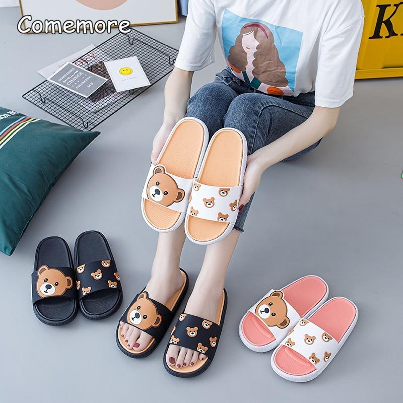 

Популярные летние домашние тапочки, женские домашние популярные нескользящие женские сандалии, пляжные мягкие тапочки с рисунком медведя для пар, мягкие тапочки на плоской подошве
