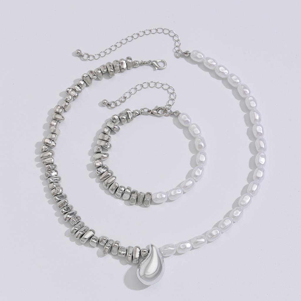 Accessories, Design Sense Metal Glossy Water Drop Necklace Women, Irregular Beaded Bracelet Necklace Set