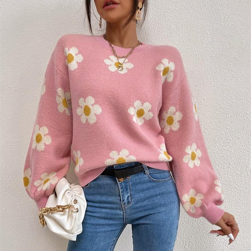 Höst Vinter Rundhals Stickad Pullover Tröja Dam Mode Söt Långärmad Lös Tröjor Dam Krysantemumtryck Varma Stickade Toppar 24638