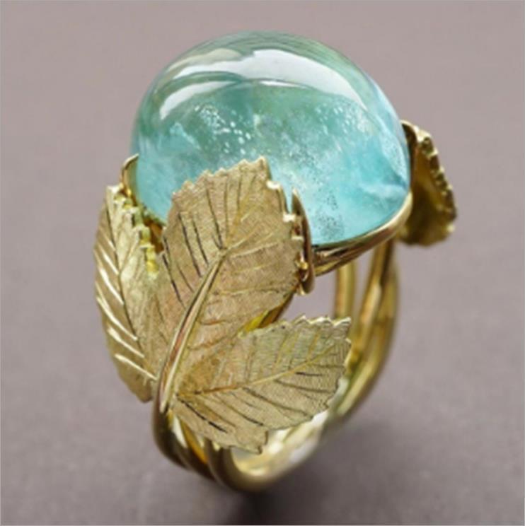 He Cheng Women's Blue Amber Gold Leaf Silver Ring - Simple & Fashionable Jewelry