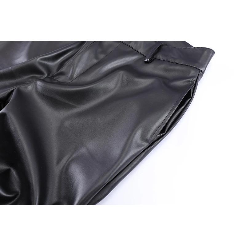 Hip Hop Mens Pleated Pu Leather Pants Harajuku Retro Streetwear Loose Ruched Casual Trousers Straight Solid Color Black Pants