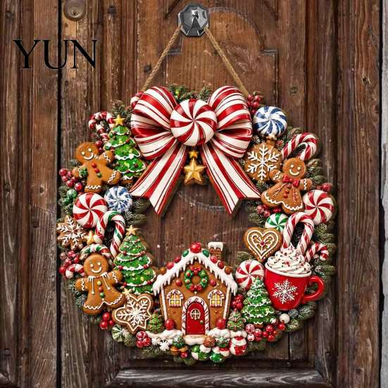 Rustic Holiday Wall Hanging Decor Gingerbread Man Wreath Wooden Sign for Front Door, Retro Christmas Plaque with Seasonal Festive Entryway Candy Cane