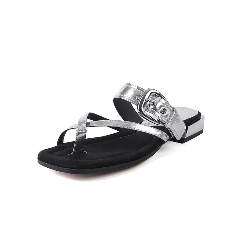 

Мода НОВЫЕ Летние Женские Шлепанцы Квадратный Носок Низкий Каблук Обувь Сплит Кожаная Обувь для Женщин Перекрестная Шнуровка Пряжка Ремень Женские Сандалии Вьетнамки 41 серебряный