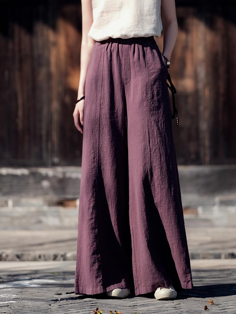 Johnature Women Vintage Wide Leg Pants Patchwork Loose Trousers Summer Solid Color Elastic Waist Long Pants