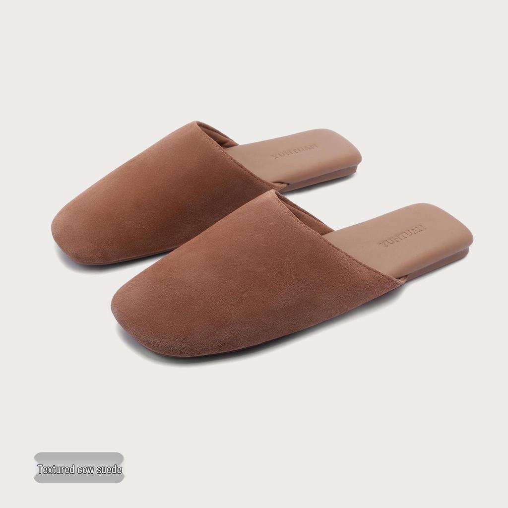 High-End Minimalist Genuine Leather & Suede Slippers - Non-Slip Sole, Unisex, All-Season Indoor Footwear