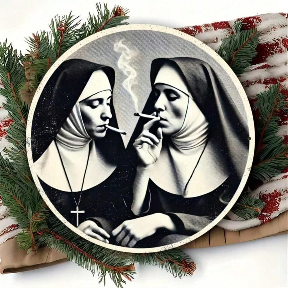 Vintage Smoking Nun Metal Tin Sign Retro Wall Art Home Kitchen Garage Decor