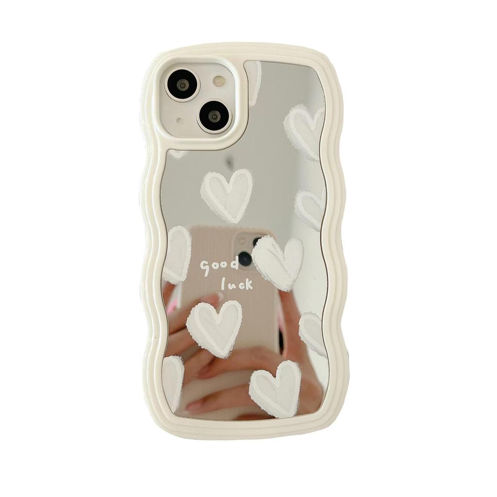 Custodia per iPhone 16/13 Pro Max con bordo ondulato e cuore bianco, anti-caduta, staccabile X/XS