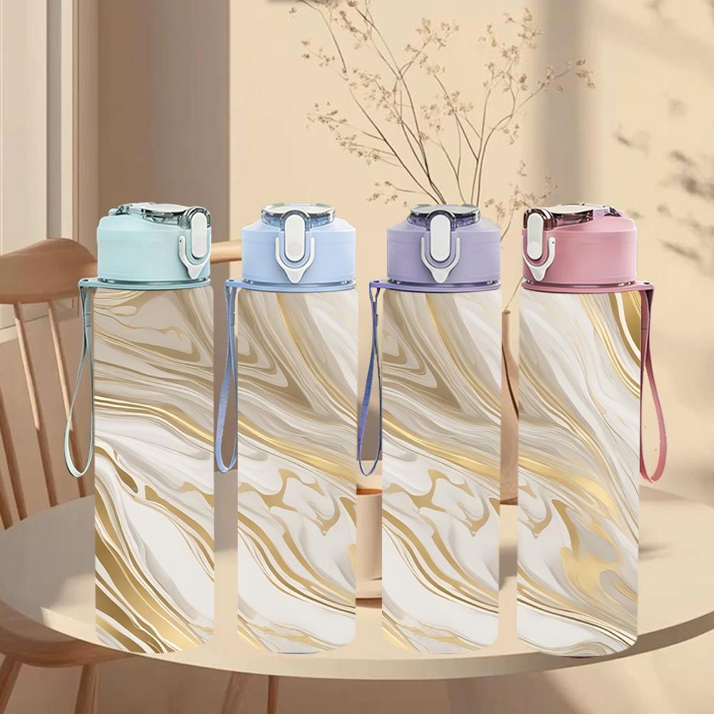 1PC Cream Gold Swirl Marble Pattern 750ml Color Plastic Sports Water Bottle Leakproof Flip Straw Lid Suitable for Sports Office Home Use