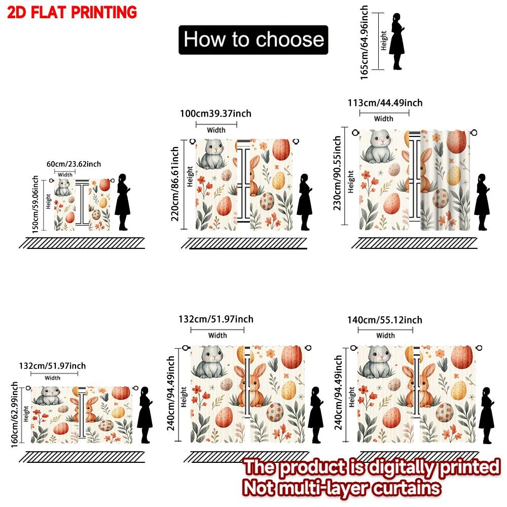 Set Of 2 Easter Bunny Painted Eggs Curtains Printing Spring Theme Design Pastel Color Animal Floral Pattern Living Room Curtain Polyester Perfect For