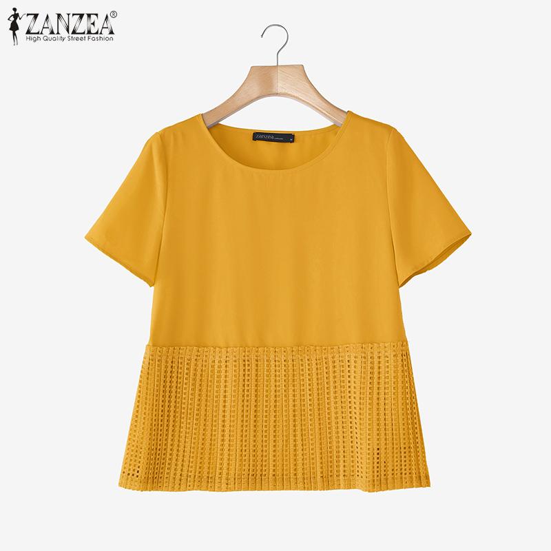 ZANZEA Women Casual Round Neck Summer Patchwork Short Sleeve Blouse