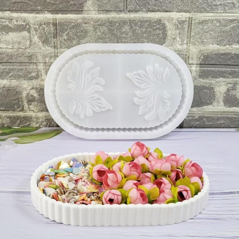 Oval Shape Storage Tray Silicone Mold with Flower Pattern Handmade Concrete Tray Casting Mould For Desktop  Shelf Decors