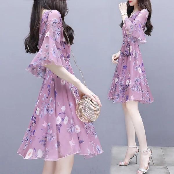 2025 Summer Women's Slim Waist Midi Floral Dress