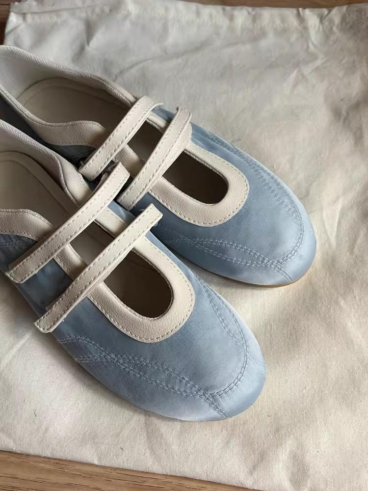 Soft Leather Version~ Velcro Light Mouth Sports Flat Ballet Shoes Women's Fashion Versatile Casual Blue Mary Jane Single Shoes