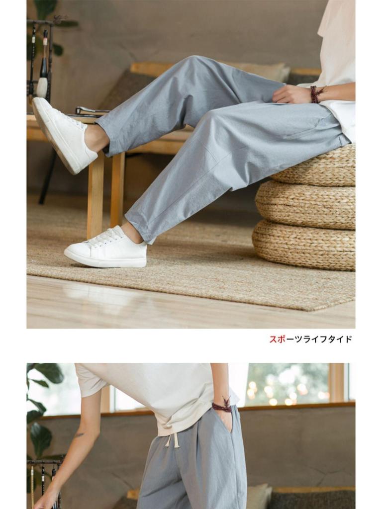 2024 Summer Men's Korean Style Casual Cotton Linen Pants: Loose, Straight-Leg, Chinese Style Cropped Trousers