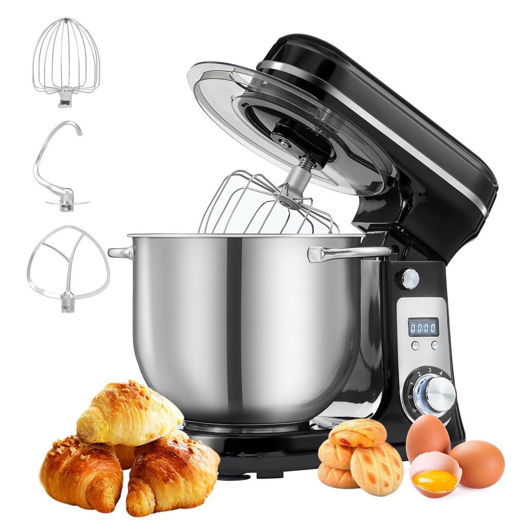 Biolomix Stand Mixer, 1200W DC Quiet Motor 6L Stainless Steel Bowl, 6+Pulse Speeds Electric Kitchen Mixer with LCD Timer, Dough Hook, Beater, Whisk