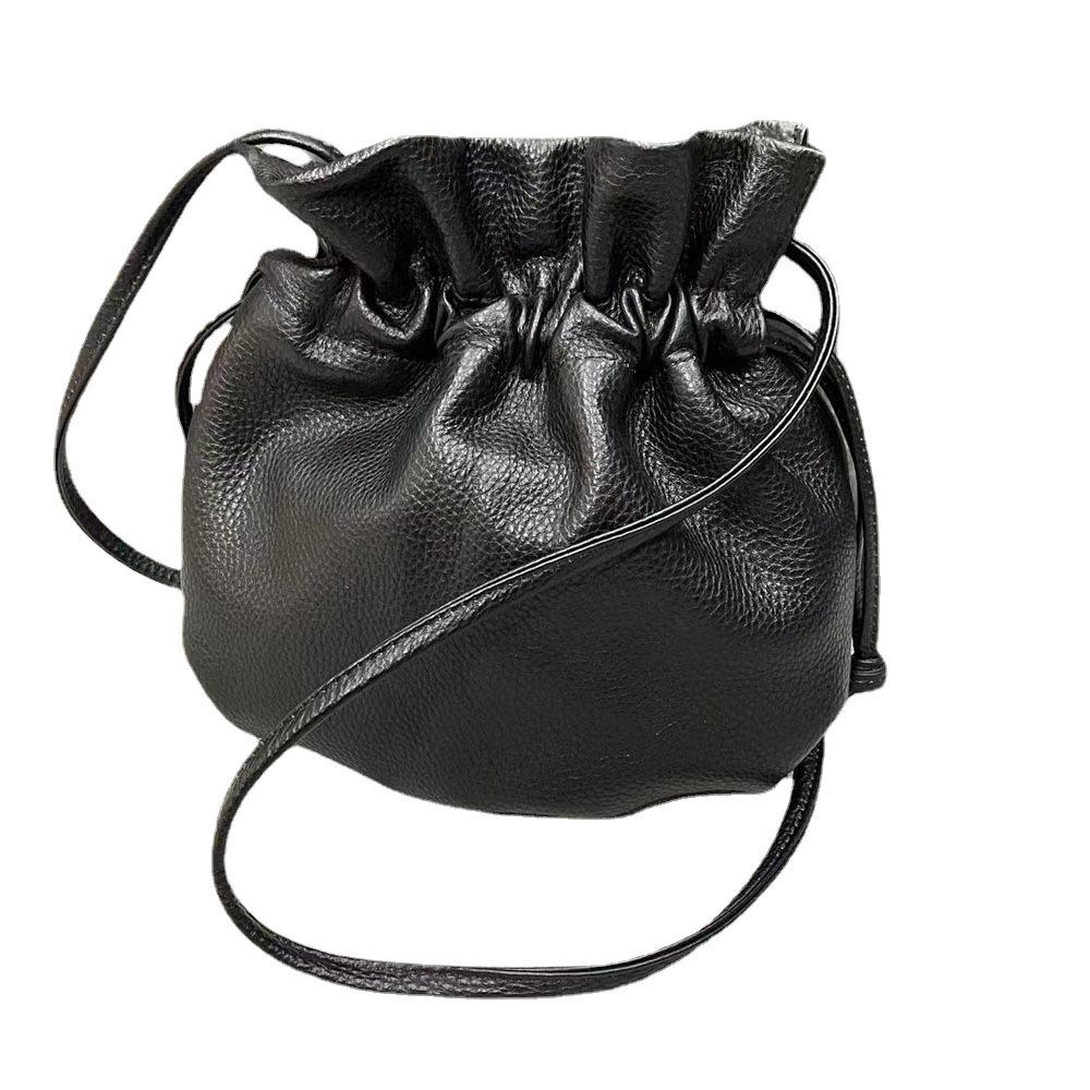 All Leather Black Cowhide Bag Lucky Bag Portable Messenger Bag Genuine Leather Wrinkled Cloud Women'S Bag