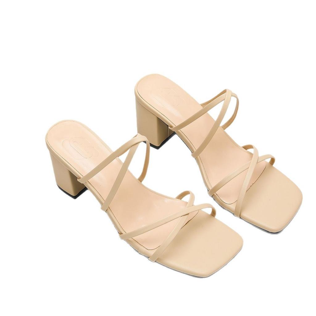 Ladies Dew Heel Summer Versatile Square Head Thick Heel with Decorative Open-toed Outdoor High Heels