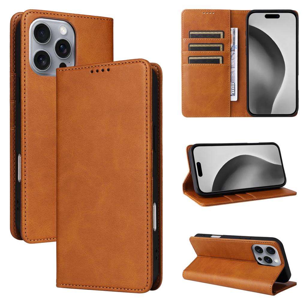 Applicable To iPhone16 Mobile Phone Leather Case 15Pro Solid Color Leather Pattern Card Wallet Magnetic Protective Case 14plus