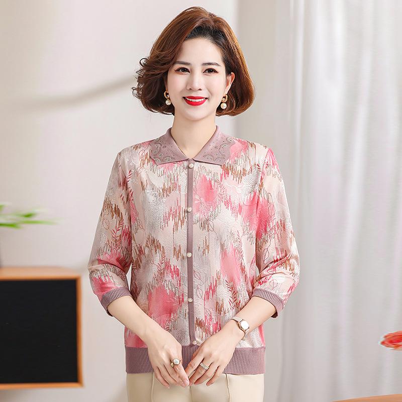 Spring Petite Floral Print Seven-Sleeve Ice Silk Blouse for Middle-Aged Women XL (100-110 jin) розовый