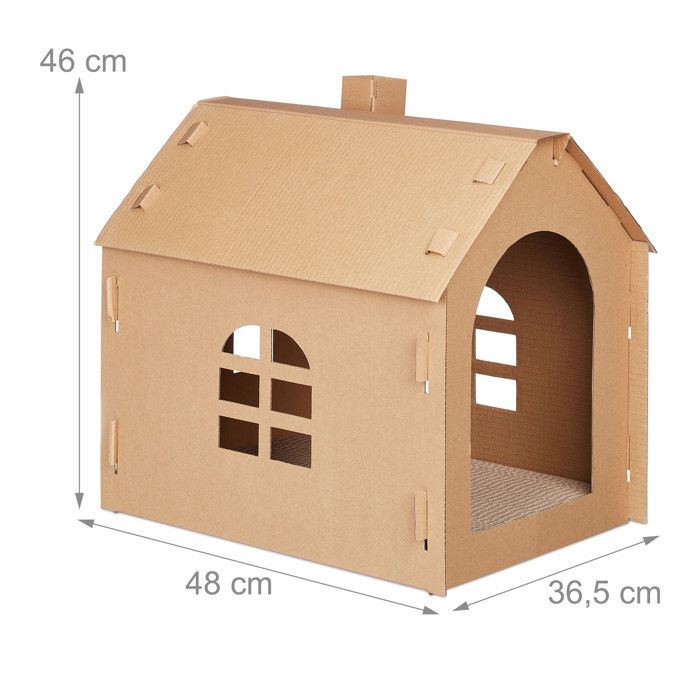 Relaxdays maison carton chat, niche avec griffoir, à construire, herbe-aux-chats incluse, 46 x 36,5 x 42,5 cm, marron