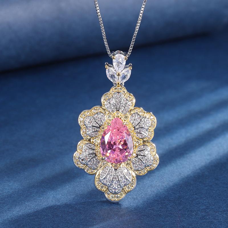 Jewelry Copper Bottom Gold-Plated Simulation Cherry Blossom Pink Diamond Creative Flower Shape Full Diamond Luxury Setting Set 10 * 14