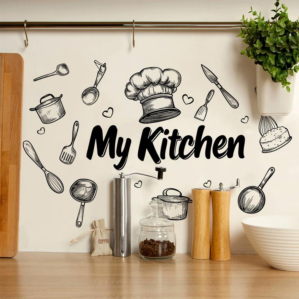 1 Piece Creative Kitchen Utensils Pattern Self-Adhesive Wall Sticker PVC Waterproof Home Decor Art for Kitchen Dining Room